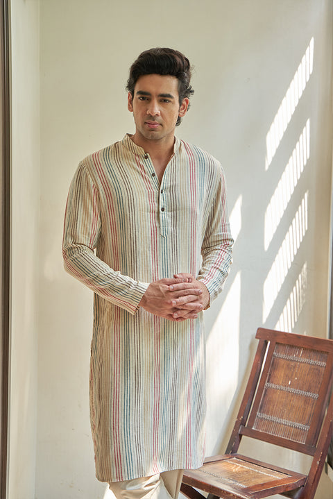 Multi Stripes Linen Cotton Kurta Set