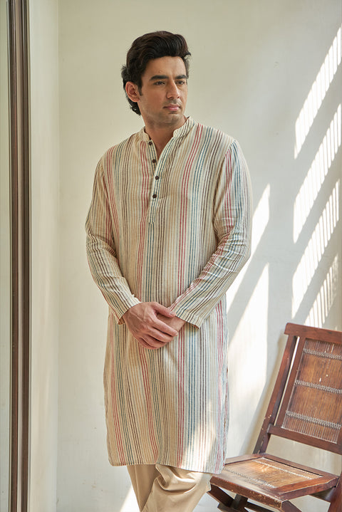 Multi Stripes Linen Cotton Kurta Set