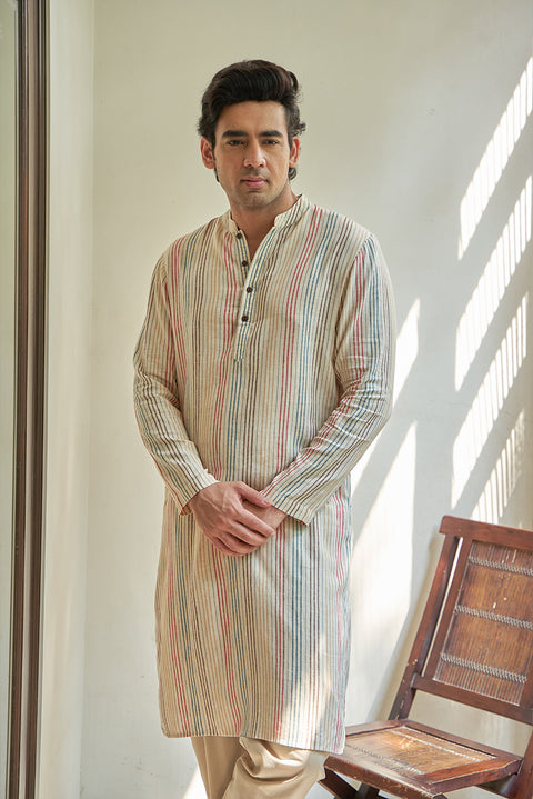 Multi Stripes Linen Cotton Kurta Set