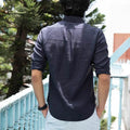 Back view of ink blue pure linen shirt for men