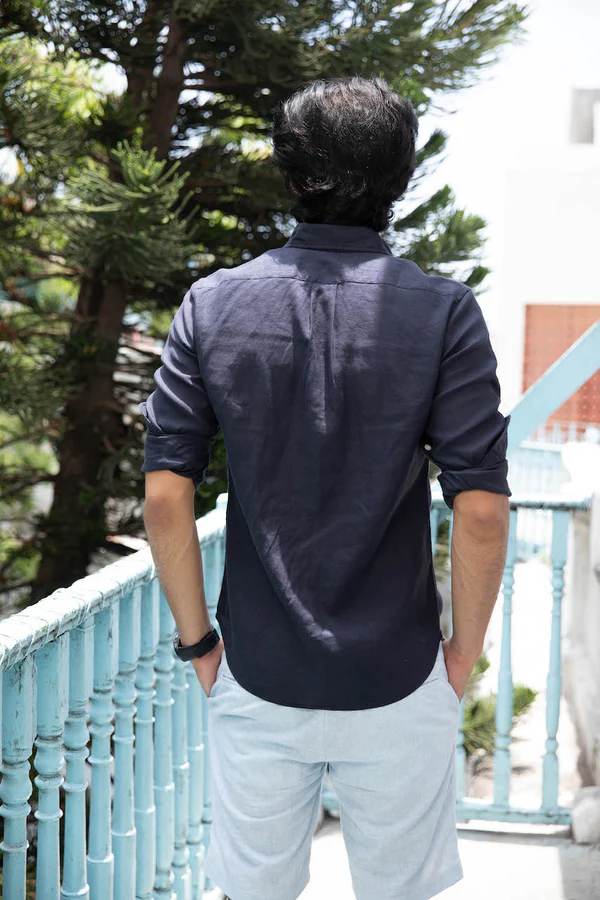 Back view of ink blue pure linen shirt for men