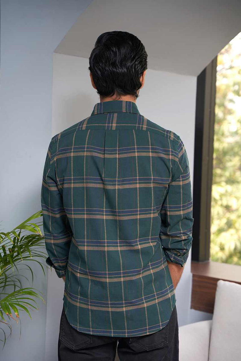 back view of madras checks shirt in green full sleeves