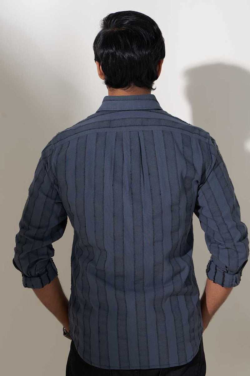 back view if grey striped woven cotton shirt for men
