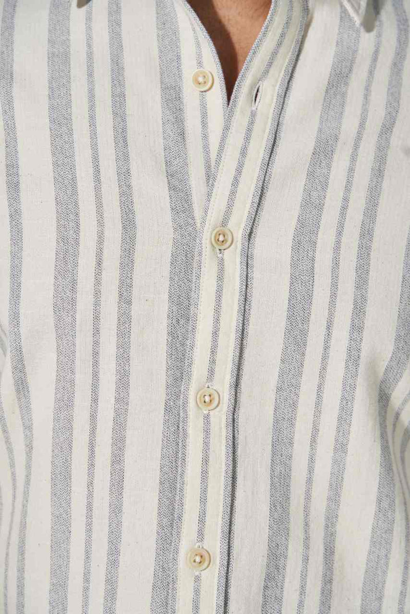 button view of ivory cotton striped shirt for men