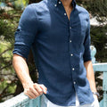 close up view of ink blue linen shirt for men