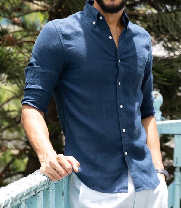Ink Blue Full Sleeve Pure Linen Shirt for Men with Single Pocket