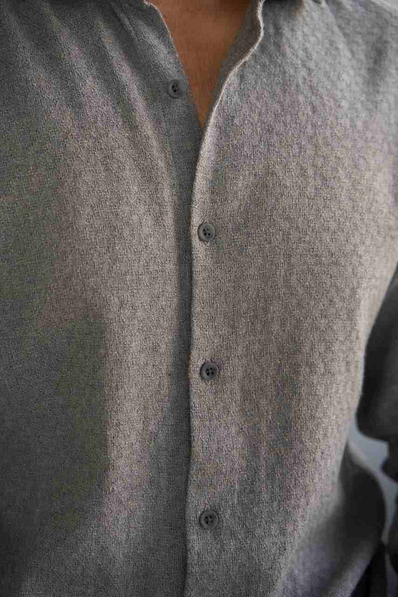 close view grey waffle dobby cotton shirt for men with tonal buttons