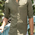 close view of sage green linen shirt for men