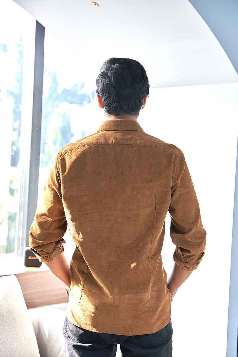 custom made coffee brown corduroy shirt for men back view