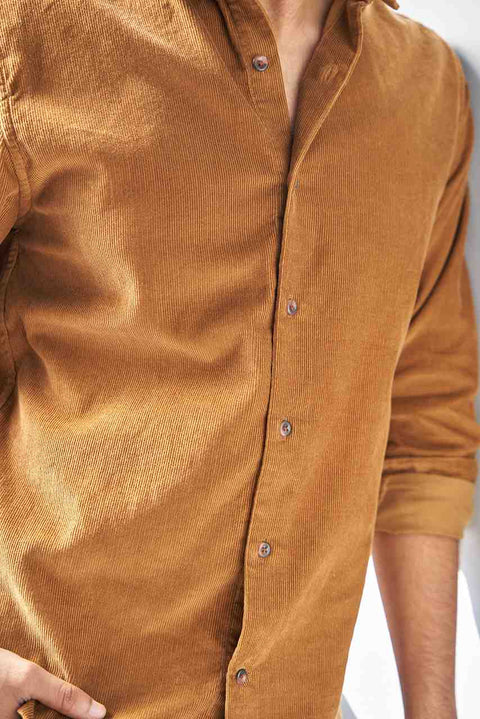 custom made coffee brown corduroy shirt for men close view