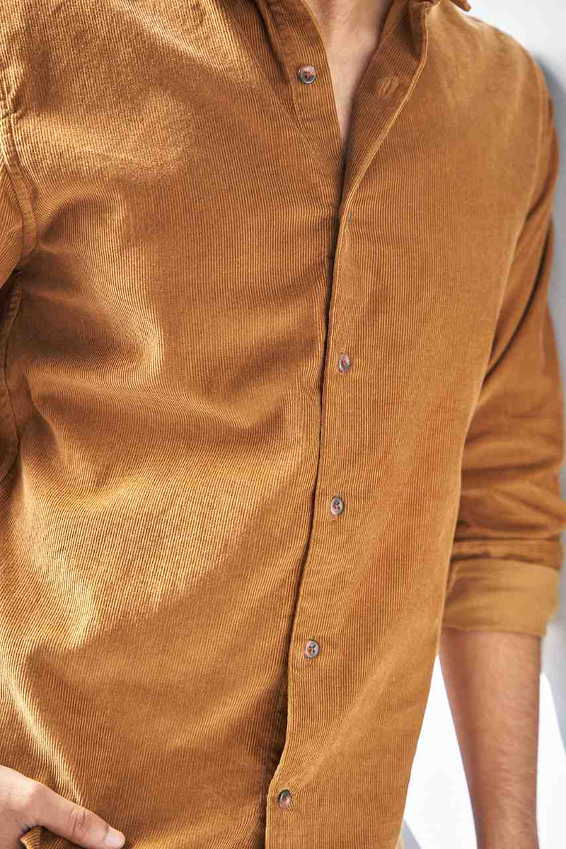 custom made coffee brown corduroy shirt for men close view