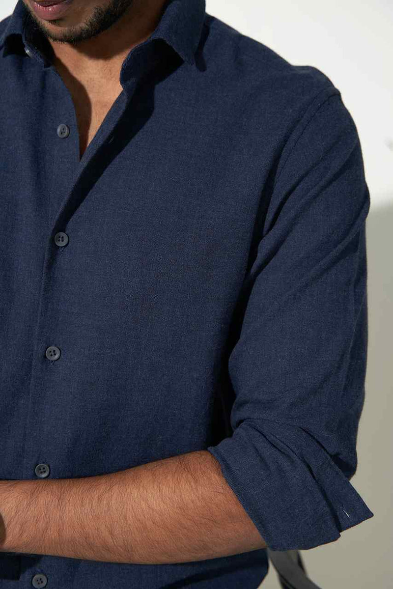 dark blue sustainable heather shirt close view