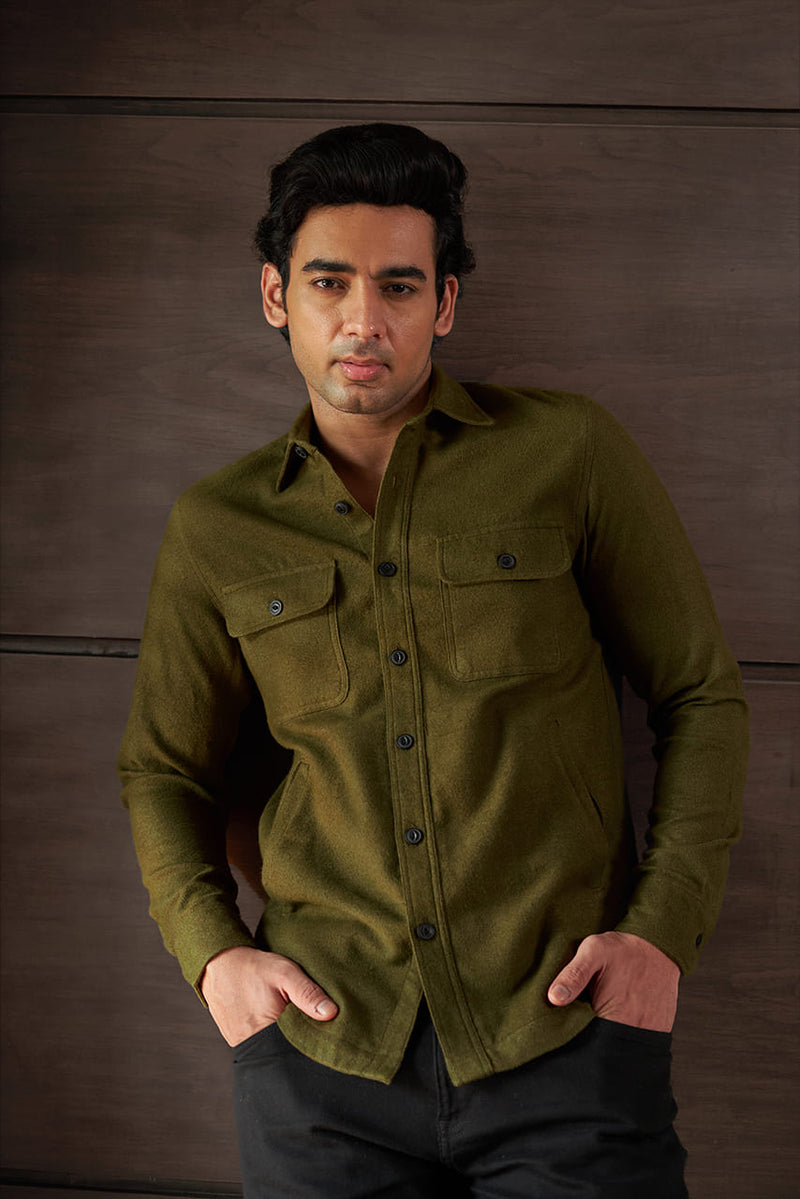 Green Shacket Shirt for Men - Brushed Fabric