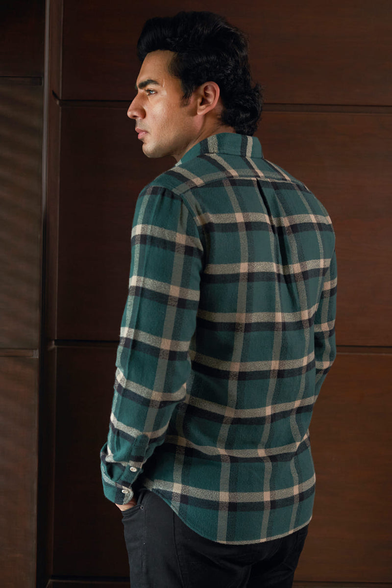 Green Checked sustainable flannel shirt back view