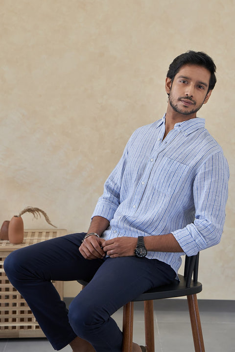 Men's Blue Striped Full Sleeves Casual Linen Shirt