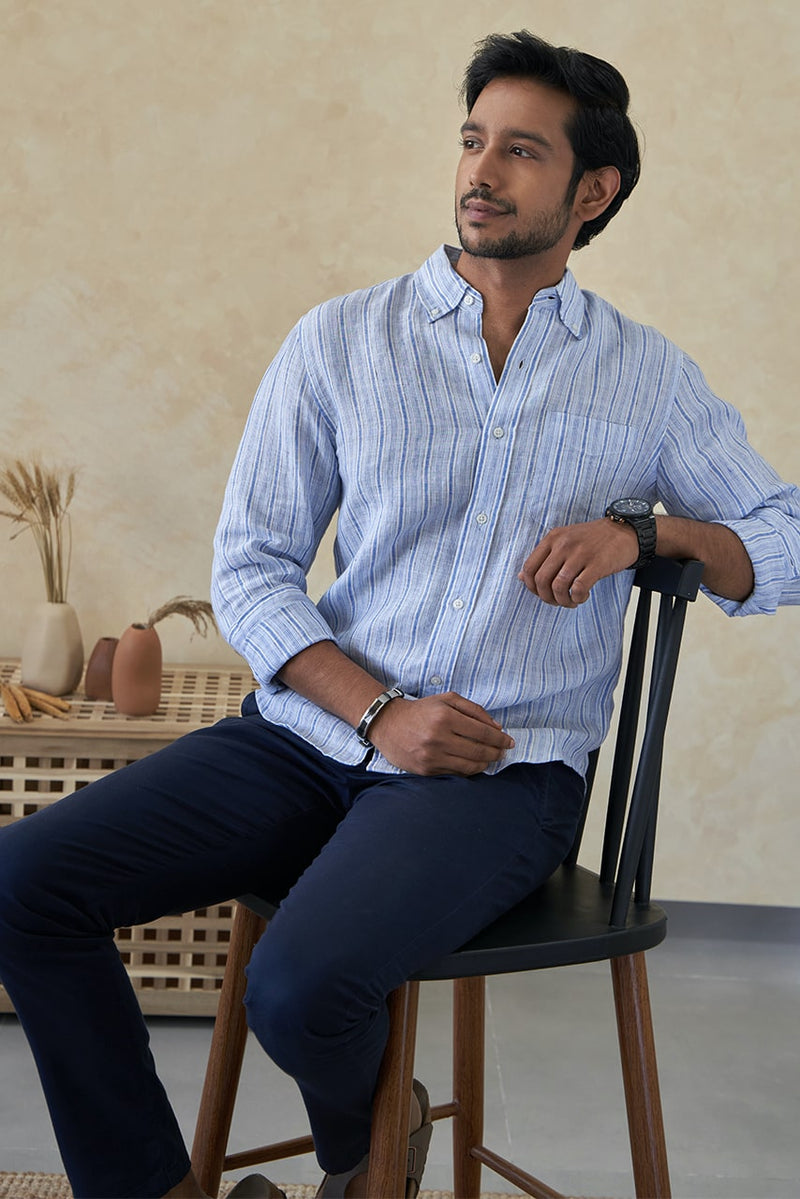 Men's Blue Striped Full Sleeves Casual Linen Shirt