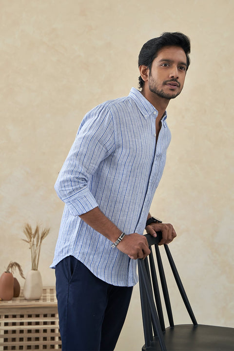 Men's Blue Striped Full Sleeves Casual Linen Shirt