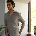 man wearing slim fit waffle dobby cotton shirt