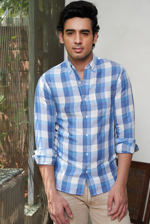 mens blue check linen shirt by Pink Supply 