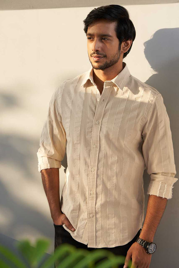 mens cotton ivory woven striped shirt for men