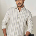 model wearing classic formal ivory cotton striped shirt