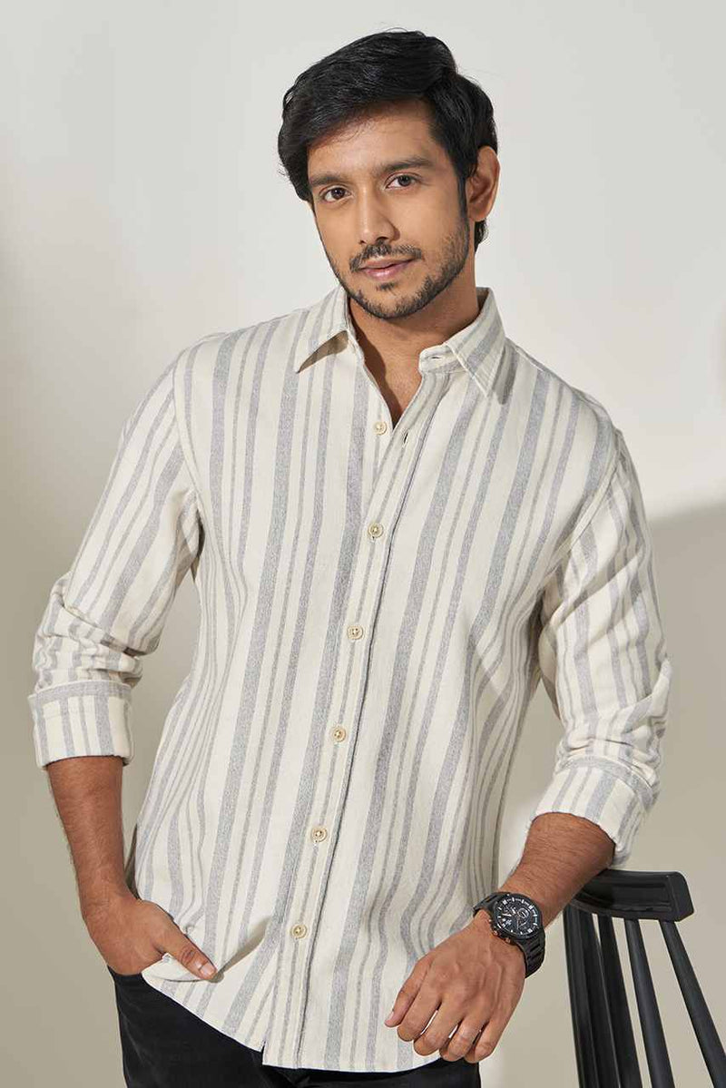 model wearing classic formal ivory cotton striped shirt