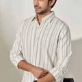 model wearing custom-made ivory striped shirt