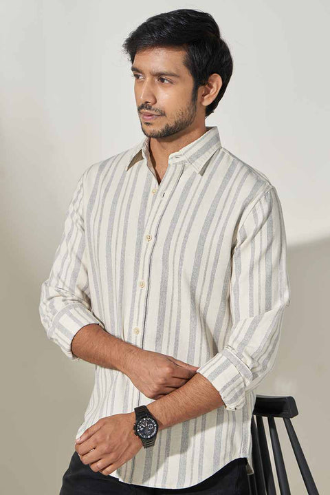 model wearing custom-made ivory striped shirt