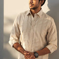 model wearing custom made ivory woven striped shirt