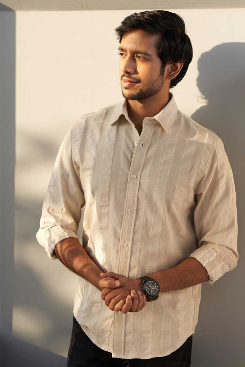 model wearing custom made ivory woven striped shirt