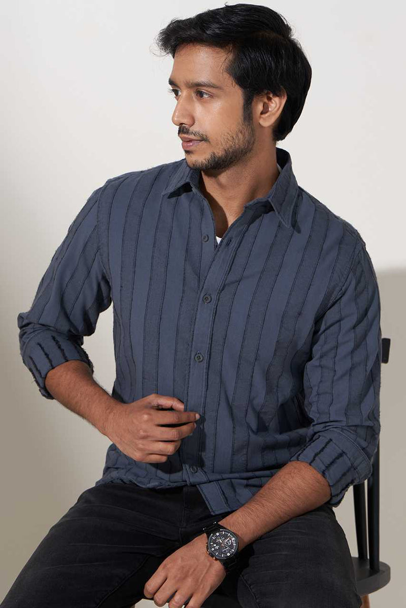model wearing grey striped cotton woven shirt for men