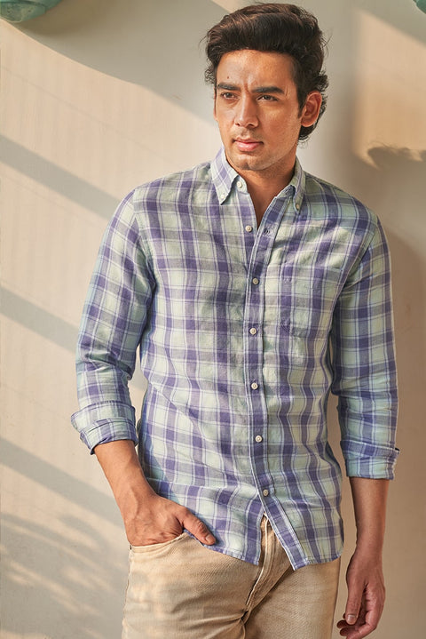 Blue Mens Linen Checked Full Sleeve Casual Shirt