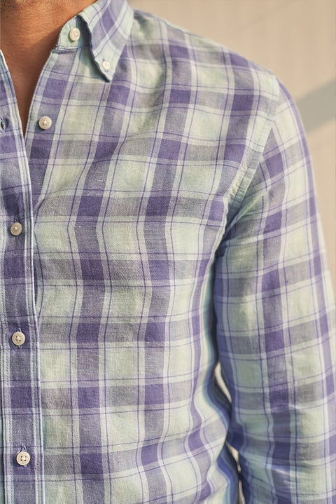 Blue Mens Linen Checked Full Sleeve Casual Shirt