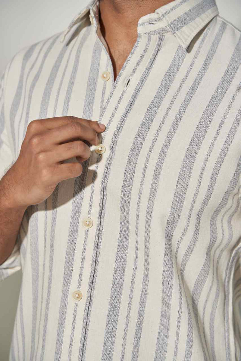 pink supply ivory striped cotton shirt close up view