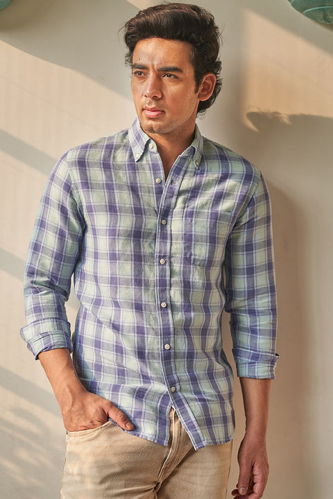 Blue Mens Linen Checked Full Sleeve Casual Shirt