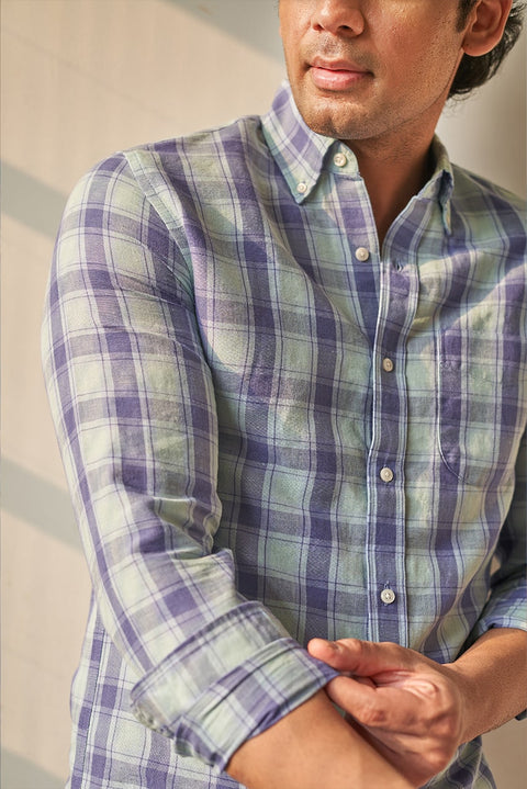 Blue Mens Linen Checked Full Sleeve Casual Shirt