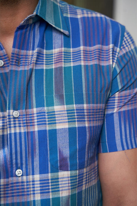 Ocean Blue Ikat Shirt For Men | Single Pocket Half Sleeves | Cotton Shirt