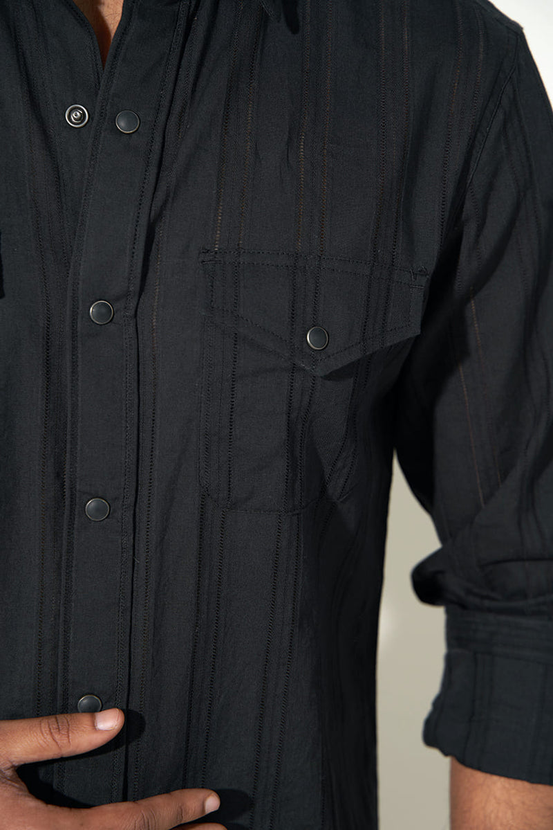 pocket view of black dobby cotton shirt for men