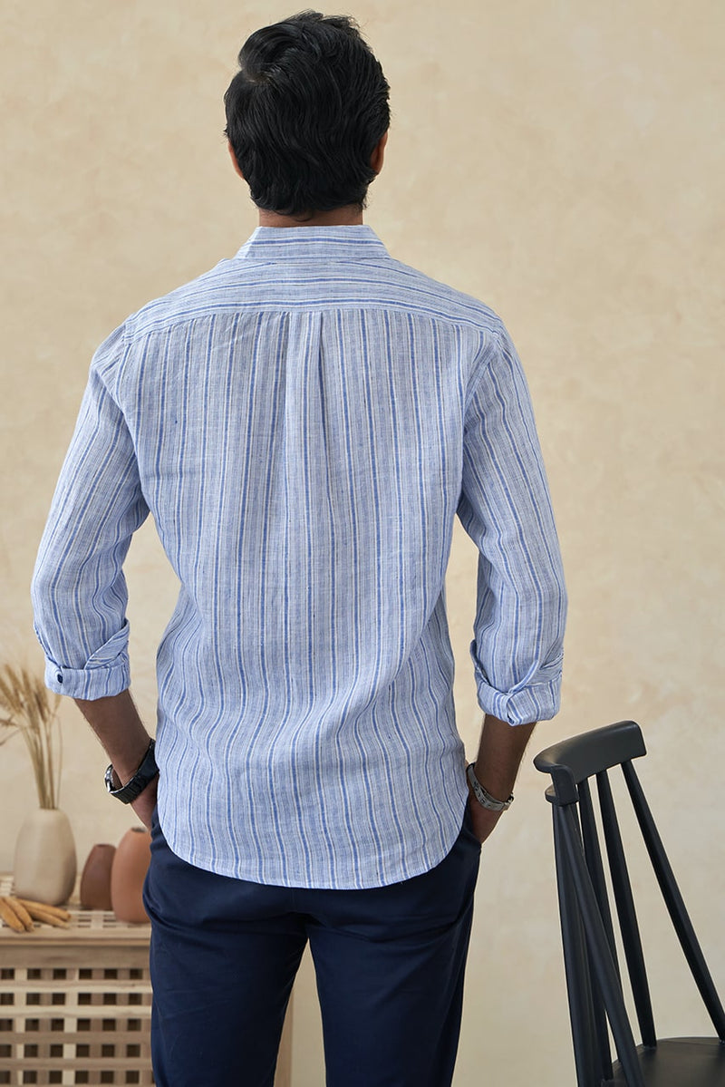Men's Blue Striped Full Sleeves Casual Linen Shirt