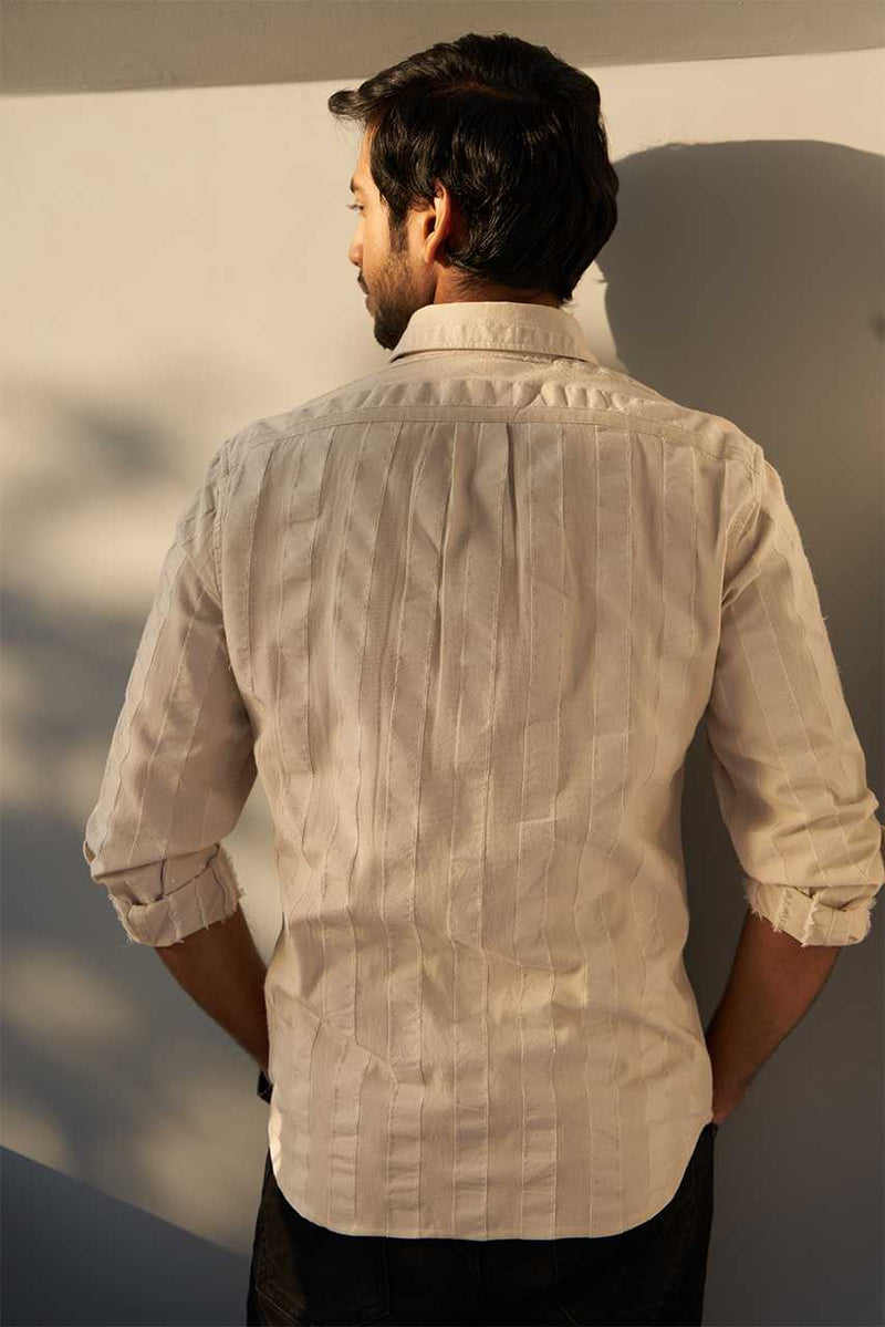 premium cotton ivory woven striped shirt for men back view