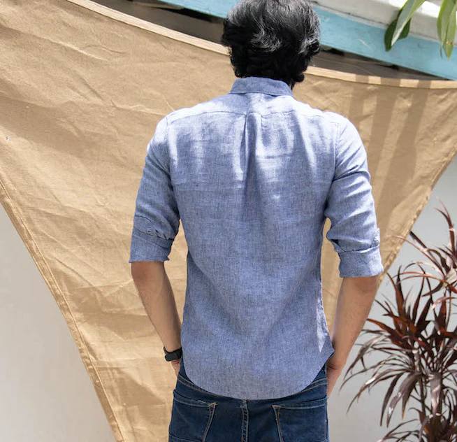 back side look of chambray linen casual shirt