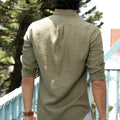 rear view of sage green linen shirt for men