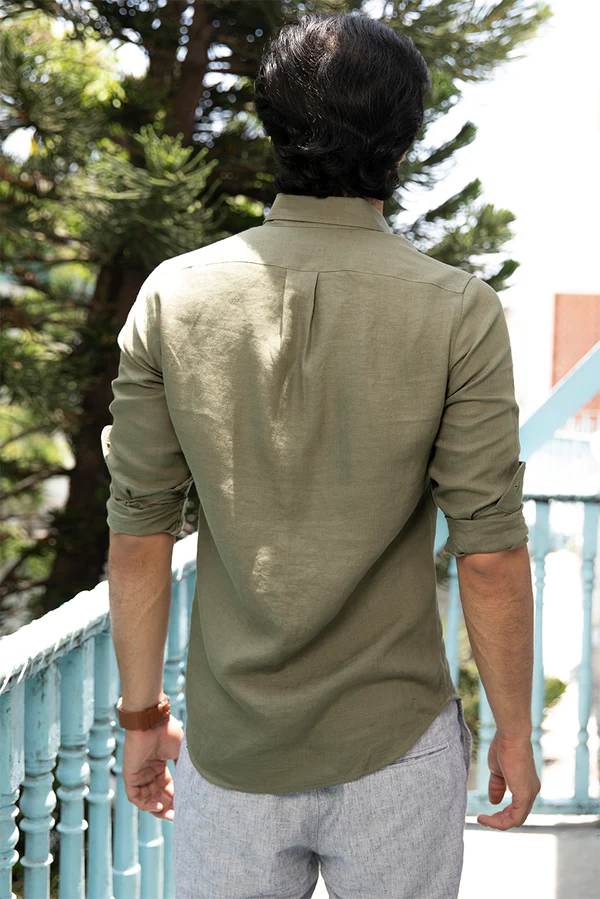 rear view of sage green linen shirt for men