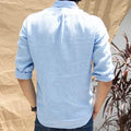 back view of sky blue linen shirt for men