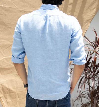 back view of sky blue linen shirt for men