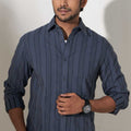 regular collar grey striped cotton woven shirt for men