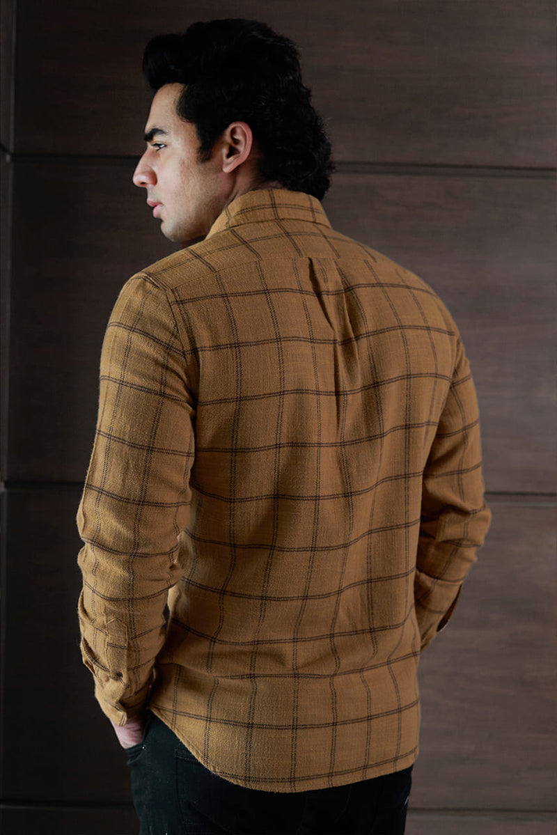 Rustic yellow long sleeve flannel shirt back view