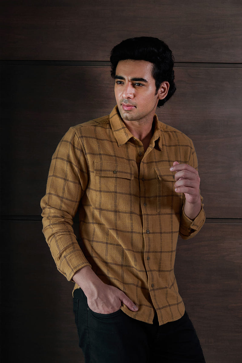 Rustic yellow long sleeve flannel shirt for men