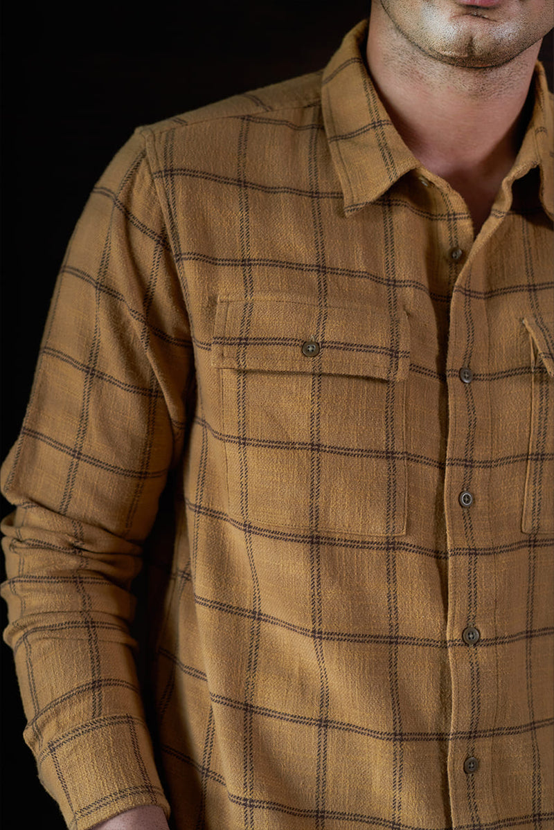 Rustic yellow long sleeve flannel shirt pocket view