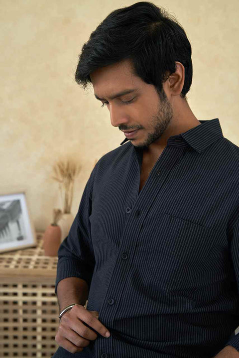 Black Striped Semi Formal Dark Cotton Shirt